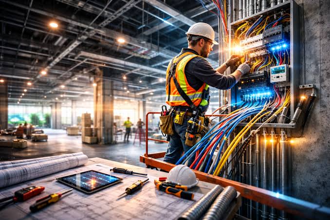 Electrician wiring a commercial electrical panel on a job site
