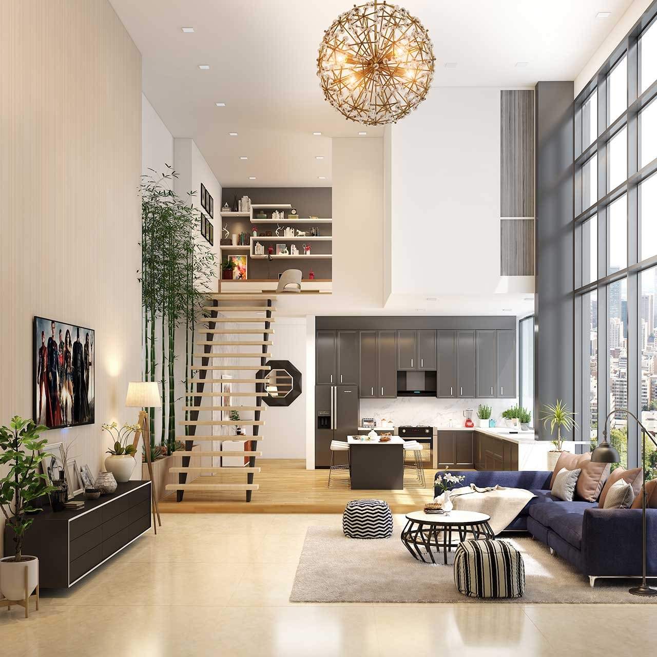 Bright modern loft living room with a statement chandelier and recessed lighting