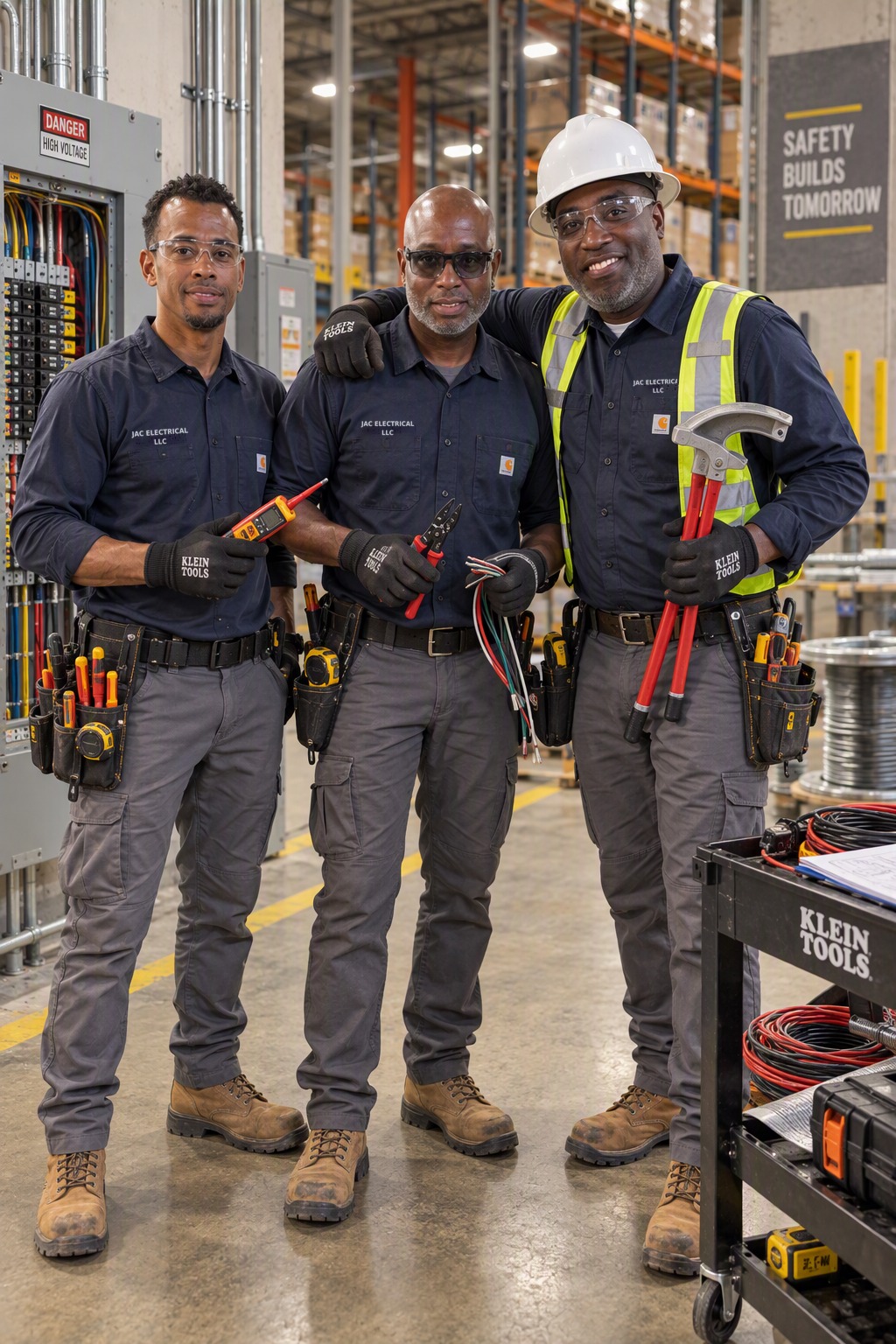 Three JAC Electrical LLC electricians in company uniforms with their tools in a warehouse