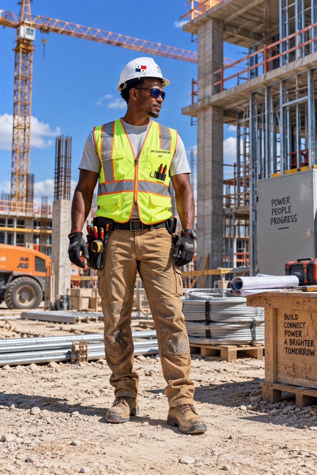 Jaimie Castillo, founder of JAC Electrical LLC, on a commercial construction site in a JAC Electrical LLC safety vest and a hard hat with a Panama flag