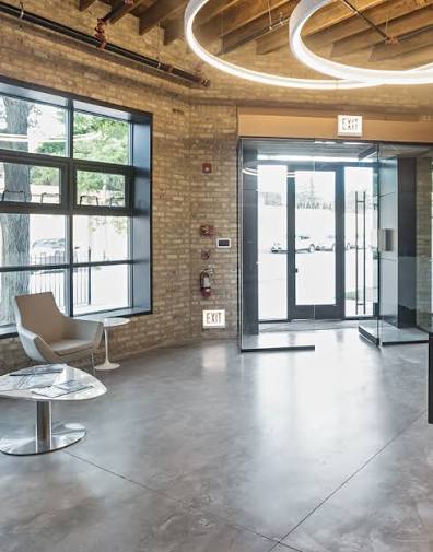 Building lobby with circular LED pendant lights