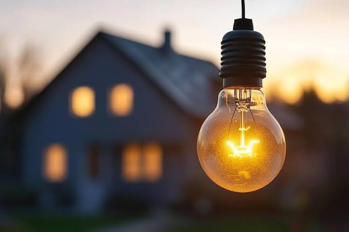 Glowing light bulb in front of a home at dusk